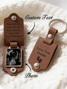 1 Stück personalisierter Leder-Schlüsselanhänger mit Foto, personalisierter Auto-Schlüsselanhänger mit Foto, Vatertagsgeschenk, Geschenk für Vater, neuen Vater, personalisierter Schlüsselanhänger, Valentinstagsgeschenk für ihn - Braun - Übersicht 1