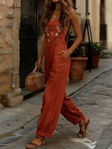女款連身褲 春夏秋季適用，刺繡肩帶附口袋，休閒度假與居家穿著，女款度假穿搭，女款秋季風格 - 紅色 - 查看 7