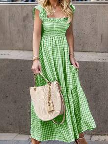 Ladies' Elegant Checkered Pleated Long Skirt - Light Green - View 5