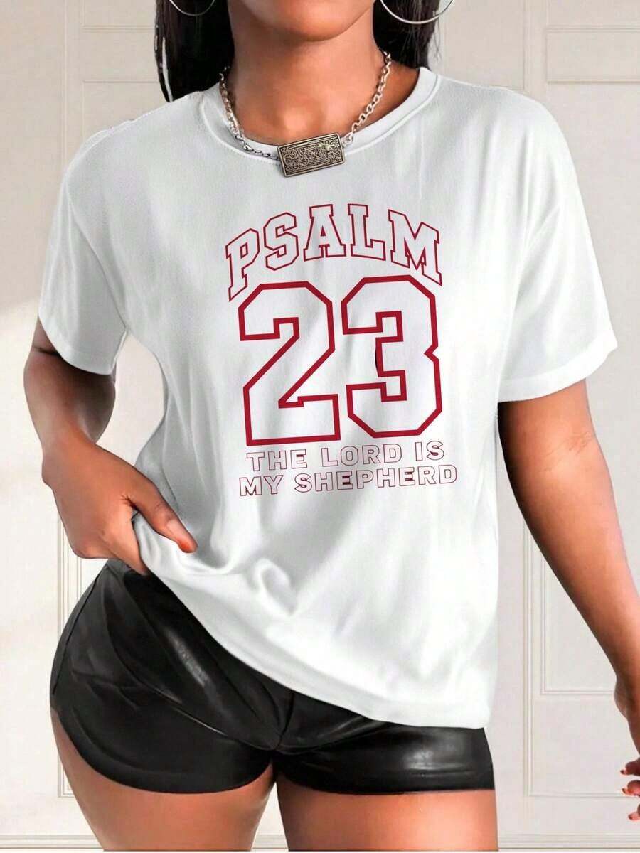 Suave, transpirable y ligera para comodidad durante todo el día. Camiseta casual de talla grande para mujer, 180g, 100% algodón, con estampado del Salmo 23 - 100% algodón, cuello redondo tra - Blanco - Ver 1