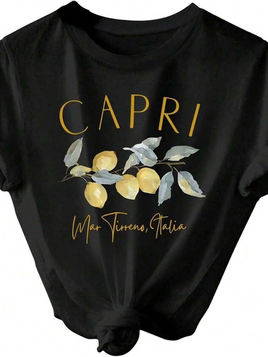 Camiseta de verano para mujer con estampado de frutas y limones, cuello redondo, manga corta, estilo casual. - Negro - Ver 1