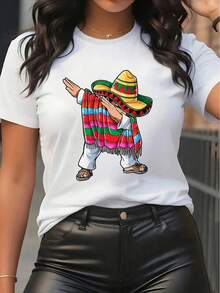Women's T-Shirt, Casual Short-Sleeve Polyester Sports T-Shirt For Women, Black Base With Colorful Mexican Style Graphic, Lightweight And Comfortable Fit, 100% Polyester Material, Ideal For Casual Outfits, Women's Going Out T-Shirts - 白色 - 查看 7