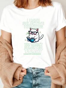 Camiseta de manga corta para mujer, modelo nuevo 2026, 100% algodón puro, suave, transpirable, que absorbe la humedad y el sudor, talla estándar, disponible en corte ajustado o holgado, diseño de cuello redondo, con estampado opcional de gato divertido y texto, estilo minimalista retro urbano, estilo casual deportivo bohemio campestre francés, adecuada para todas las estaciones, ideal para el hogar, el ocio, actividades al aire libre, reuniones sociales, vida nocturna, vacaciones, playa y diversas ocasiones, prenda versátil para el trabajo y la cena, un regalo perfecto para ella. - Blanco - Ver 7