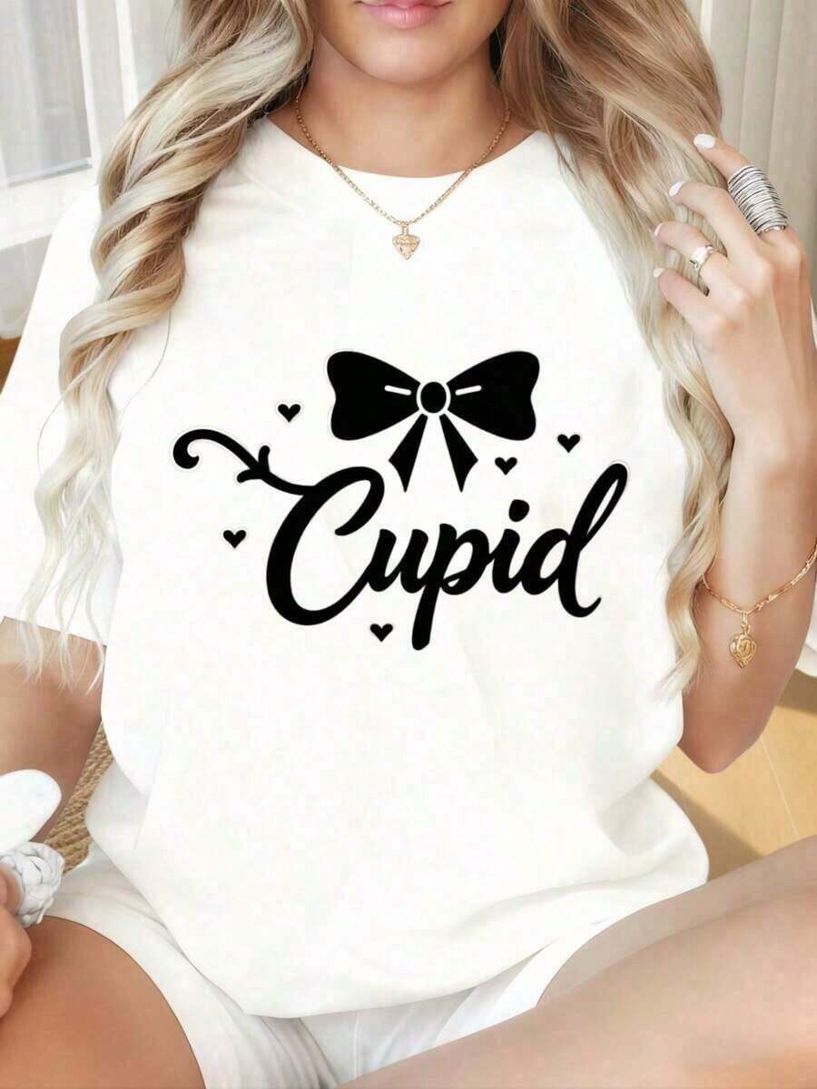 Loose1 pieza Camiseta de San Valentín con corazón y lazo de Cupido para mujeres, negra, linda, romántica, gráfica, para el amor, moda de vacaciones, impresión divertida del Día de San Valentín, camisetas de mujer con cuello redondo y mangas cortas, adecuadas para fiestas de Navidad, actividades deportivas, fiestas de vacaciones, salidas, deportes y otros regalos de vacaciones. Camiseta básica de algodón 100% suave con cuello redondo para mujer - Blanco - Ver 1