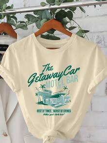 Camiseta de corte regular para mujer con diseño vintage - diseño "Escape Car", top casual de manga corta y cuello redondo, ilustraciones vibrantes en verde y azul, perfecta para primavera y verano, camiseta para uso diario. |   Top de cuello redondo |   Conjunto Casual Diario de Verano - Albaricoque - Ver 12