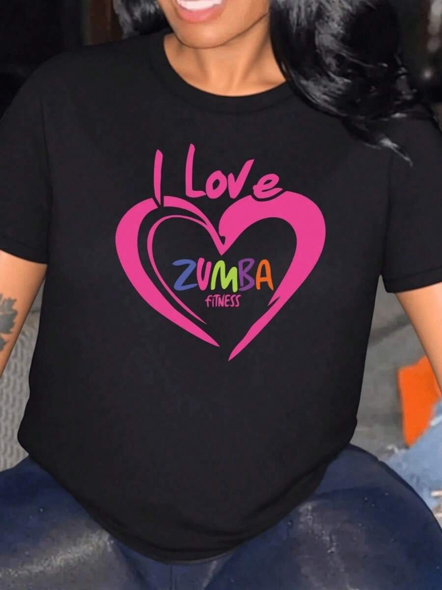 Women's T-Shirt With Heart Print "I Love Zumba Fitness", Modern And Comfortable Design, 220g. Ideal For The Gym Or Everyday Wear. Cool Summer T-Shirt, Unisex Style. - 黑色 - 查看 1