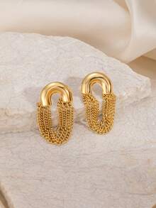 1 Pair Personalized Fashion Stainless Steel Gold U-Shaped Multi-Chain Tassel Stud Earrings, Exquisite Minimalist Vintage Style Women's Jewelry, Suitable For Daily, Office, Party And Birthday Wear - Gold - View 5