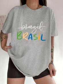 Corte regular, estampado estilo brasileño, colores brillantes, diseño único. Camiseta deportiva de moda para mujer con estampado único, cuello redondo y manga corta, cómoda para el uso diario casual de verano. - Negro - Ver 10
