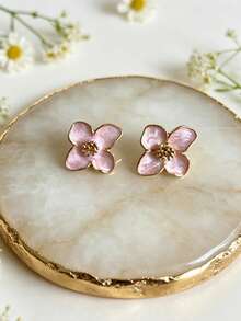 1 par de pendientes con flor de hibisco y gota de agua esmaltada blanca, accesorio diario para mujer y regalo del Día de San Valentín - Rosa - Ver 3
