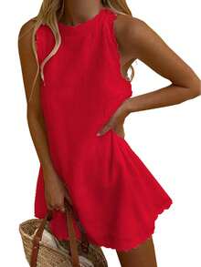 Women Mini Dress Sleeveless Crew Neck Solid Loose A-line Dress Streetwear for Club Party - Rojo - Ver 1