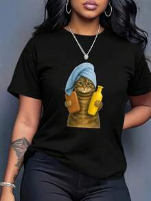 Plus Size - Women's Funny Cat Print Bathroom T-Shirt - Loose Fit Toilet Paper And Bottle Design, Soft Casual Everyday T-Shirt, Suitable For Casual Wear, Spring/Summer Wardrobe Essential - Fun Bathroom Decoration On Everyday Wear T-Shirts, Casual Wear, Funny Print T-Shirts, Loose Fit T-Shirts, Spring Fashion, Bohemian Style, Breathable Material, Printed T-Shirts, Women's Clothing - 黑色 - 查看 2