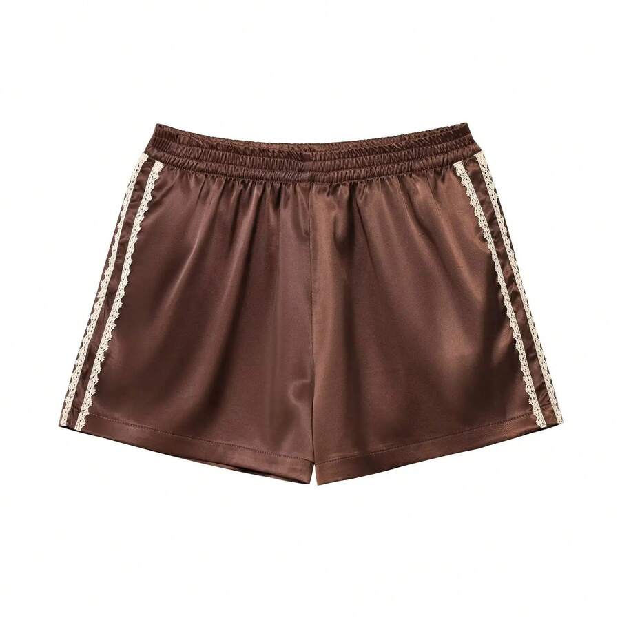 TFMLN, nuevo verano, pantalones cortos de encaje de seda para mujer, bragas, bombachos con volantes de imitación, pantalones antiexposición, bragas de satén Lolita, pantalones cortos, vestido - Marrón - Ver 1
