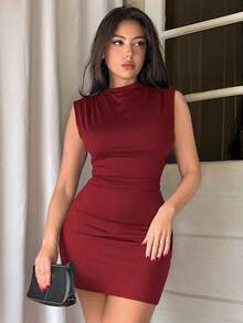 Vestido ajustado con fruncidos de estilo minimalista y sin mangas de unicolor para mujer - Burdeos 2 - Ver 1