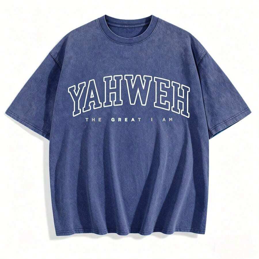 % Cotton Christian Yahweh Religious Shirts Jesus God Bible Verse Shirt Graphic Tees Wash Tshirt Cotton Tops- Unisex Women's & Men Campus Daily Wear Shirt Men,Summer Shirts, Graphic Shirt ,Fathers Day - 藍色 - 查看 1
