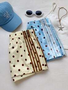 2 piezas Shorts casuales de estilo callejero para mujer con contraste de color en la cinta, shorts de lunares, verano - Multicolor 6 - Ver 1