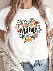 Camiseta de cuello redondo con estampado de Mama & Wildflowers, camiseta casual de manga corta para primavera/verano, ropa de mujer. - Blanco - Ver 7