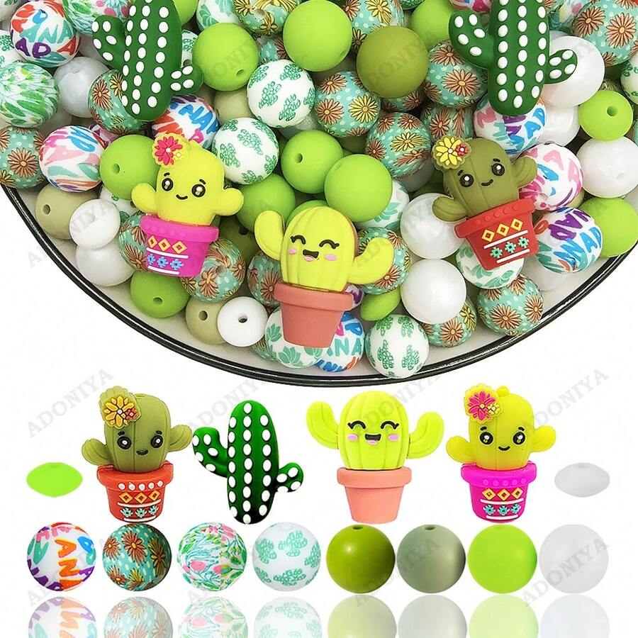 25/44/46pcs 3D Cactus Shaped Silicone Bead Set, Plant Silicone Beads, Loose Bead Set, 15mm Silicone Round Beads, Floral Print Beads, Colorful Round Beads, Suitable For Jewelry Making, Earrings, Necklaces, Bag Chains, Beaded Pens, Phone Straps, Makeup Brushes, DIY Spring And Summer Beading