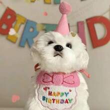 1套寵物狗/貓生日裝扮套裝，可愛狗生日帽與圍巾套組，生日圍兜與迷你派對帽，狗/貓流涎圍兜帽，圍兜及其他可調節配件寵物用品，寵物生日套裝 1件寵物帽與1件刺繡標語寵物圍兜，生日派對，適合貓與狗，狗生日/貓裝扮/貓生日 - 彩色 - 查看 5
