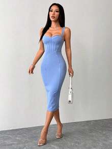 Vestido midi ajustado y entallado con parte trasera dividida, copa de busto y cadera azul - Azul - Ver 7