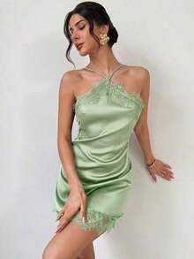 Vestido mini ajustado de satén negro con adorno de encaje, elegante y romántico para citas, festivales de música, fiestas, graduaciones, vacaciones, invitada de boda, vestido de cumpleaños - Verde - Ver 3