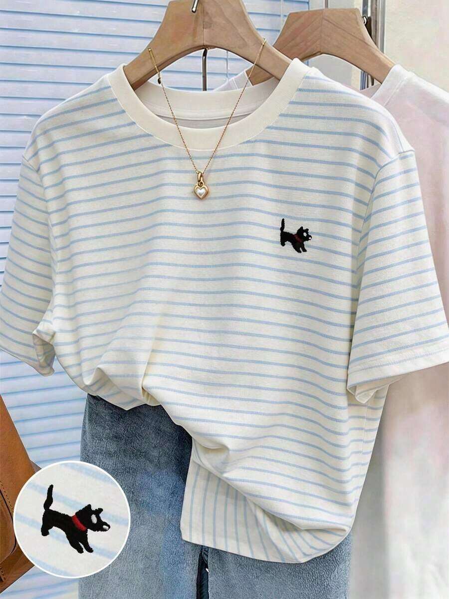 Camiseta de cuello redondo regular con estampado digital a rayas de colores y bordado de fresa - Multicolor 8 - Ver 1