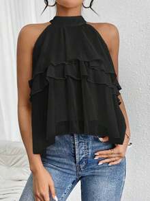 Blusa de gasa con volantes asimétricos y cuello suelto - Negro 2 - Ver 3