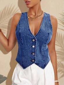 Chaqueta informal de mezclilla con cuello en V y abotonadura sencilla para mujer, primavera y verano - Azul lavado medio - Ver 9