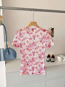Camiseta de mujer de manga corta con cuello redondo de tela transparente con estampado azul y blanco, casual para vacaciones y uso diario, parte superior de verano y primavera para vacaciones en la playa - Rosa Fucsia - Ver 3