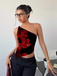 Top elegante de un hombro con un giro en color rojo burdeos delgado para mujer - Multicolor - Ver 1