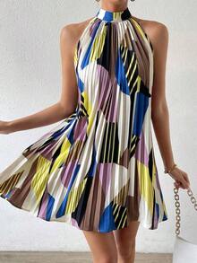Vestido plisado con hombros abiertos y estampado para vacaciones, conjunto de ropa de playa para vacaciones - Multicolor 5 - Ver 3