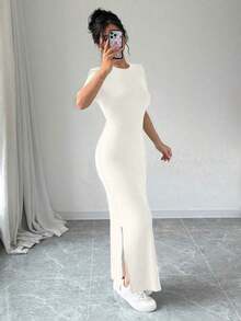 Vestido largo de mujer de unicolor con cuello en V, bajo con abertura, manga corta - Vestido maxi de mujer ajustado - Vestido de mujer elegante y clásico de alta calidad - Beis - Ver 6