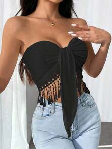 Parte superior con tubo de color negro sólido con lazo en la cintura y dobladillo con flecos, uso diario casual para mujer - Negro - Ver 3