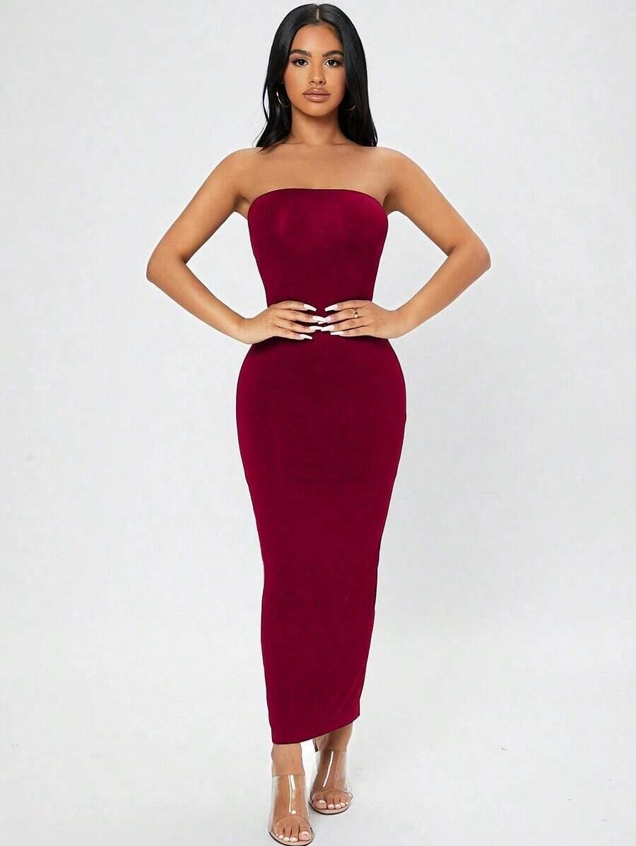 Vestido tubo con abertura trasera - Burdeos - Ver 1