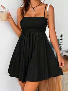 Vestido De Tirantes Con Pliegues Sólidos Para Mujeres - Negro - Ver 4