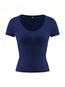 Camiseta ajustada de manga corta con cuello en V de unicolor para mujer, estilo Y2K sexy, adecuada para uso diario casual, blanco verano - Azul marino - Ver 3