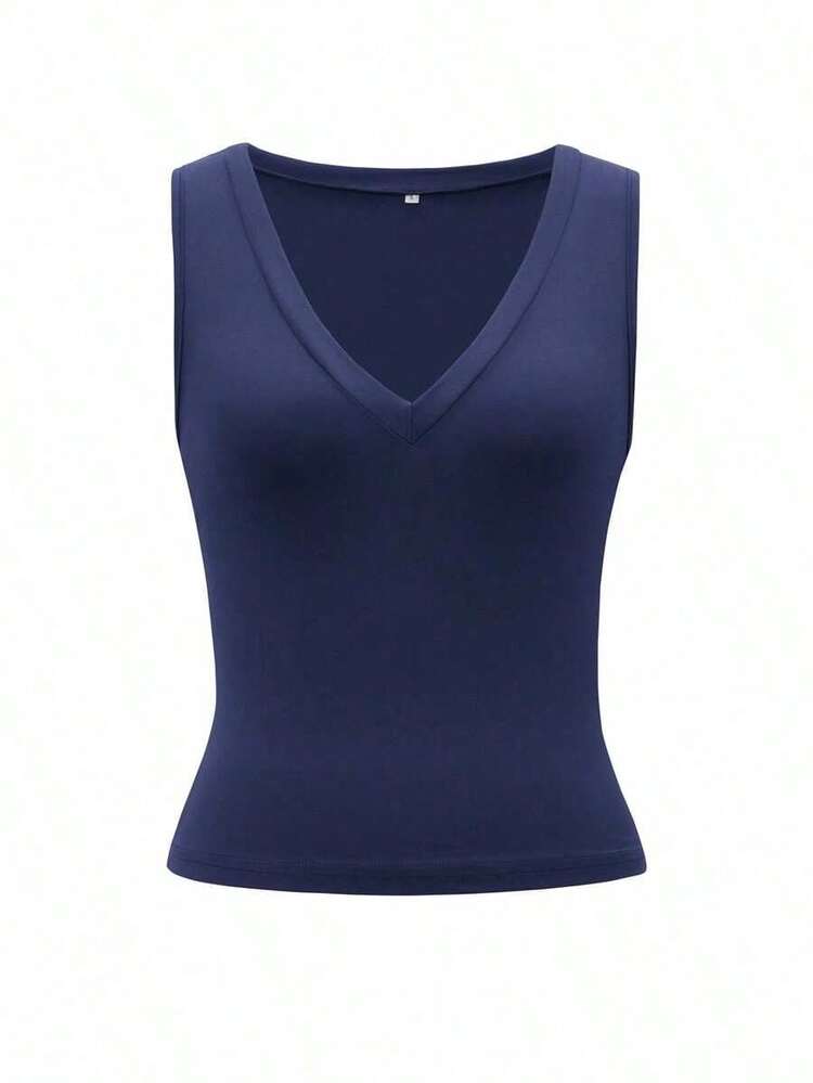 Camiseta de tirantes ajustada con escote en V profundo para mujer  top de punto de unicolor, ropa deportiva para mujer, ropa de carnaval de primavera y verano 2026, adecuada para uso diario, trabajo y casual - Azul marino - Añade 3