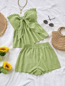 Set de 2 piezas para mujer con parte superior corta sin mangas con volantes y estampado de rayas y flores, y shorts casuales para verano, vacaciones en la playa y fiestas - Verde - Ver 1