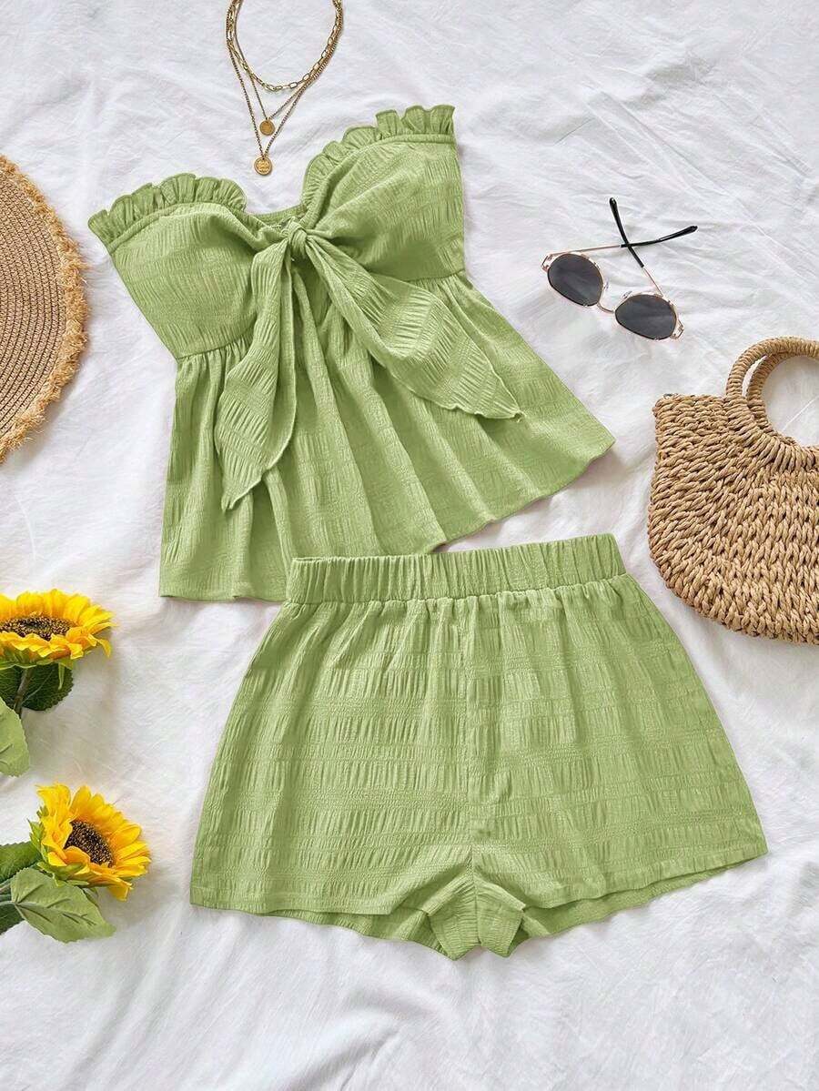 Set de 2 piezas para mujer con parte superior corta sin mangas con volantes y estampado de rayas y flores, y shorts casuales para verano, vacaciones en la playa y fiestas - Verde - Ver 1
