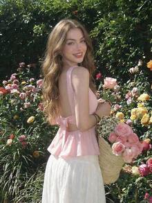 Top sin espalda con lazo y tirantes de barco en color rosa, ideal para vacaciones de verano, primavera/verano, Día de San Valentín, fiestas elegantes, ceremonias, vacaciones en la playa para mujeres, elegante, boda, estilo bohemio, top casual pa - Rosa - Ver 2