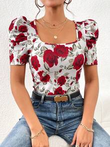 Camiseta con estampado floral de manga farol - Rojo - Ver 1