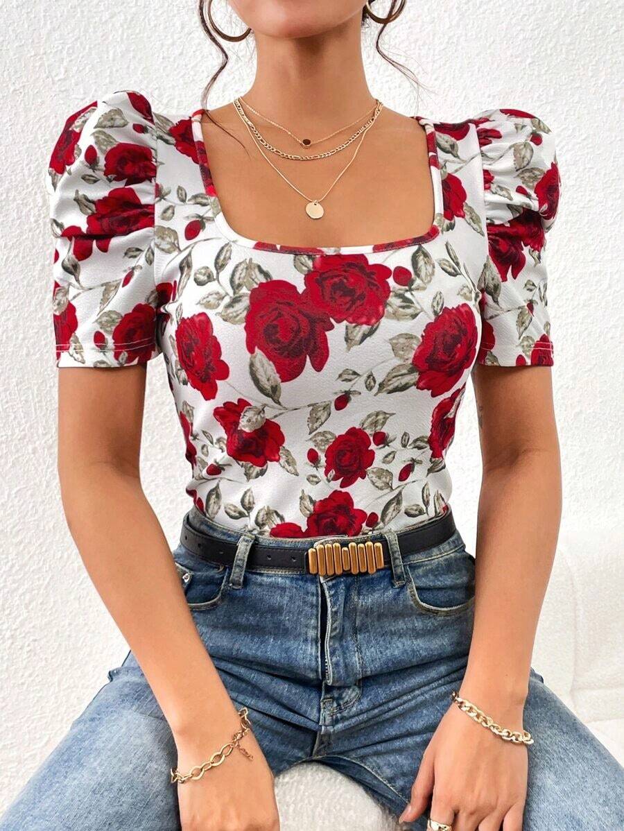 Camiseta con estampado floral de manga farol - Rojo - Ver 1
