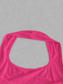 Camiseta de tirantes de ajuste ceñido con cuello halter, color liso y corta, de estilo minimalista y casual para mujer, de verano - Rosa Fucsia - Ver 3