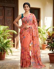 Estationeryhouse Chiffon Saree With Floral  Print In Pastal Colours, Blouse Not Included - Durazno - Ver 2