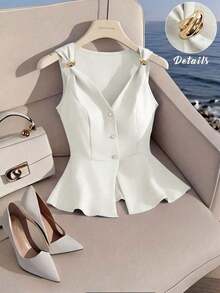 Nuevo top sin mangas con cuello en V y diseño de hebilla de metal minimalista y elegante que estiliza la cintura para mujeres, verano - Blanco - Ver 1