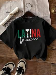 Women's T-Shirt, Casual Short-Sleeved Round-Neck Top With Latin American Mexican Graphic Print, Machine Washable, Suitable For Casual Wear, Versatile Clothing, Fashionable T-Shirt, Made Of Comfortable Material, For Style Enthusiasts - 黑色 - 查看 1