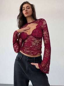 Blusa de manga larga con cuello en V profundo, transparente y con detalles de encaje negro para mujeres - Burdeos - Ver 5