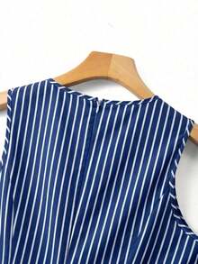 Vestido de línea A con cintura ceñida, decorado con lazo, a rayas azul y blanco, adecuado para la escuela, picnic de fin de semana, salida casual con amigos, de estilo fresco y dulce - Azul y blanco 2 - Ver 4