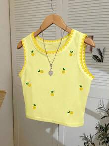 Camiseta de tirantes con cuello redondo, estampado de flores de cerezo y recorte de concha para mujer - Amarillo - Ver 3