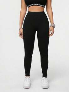 Leggings deportivos de punto de unicolor casual para mujer, adecuados para el verano - Negro 2 - Ver 7