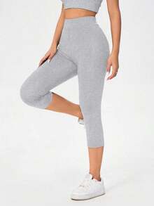 Leggings capri de cintura alta de estilo casual negro para mujeres, adecuados para el verano y para salir, ropa de mujer para deportes de otoño - Gris Claro - Ver 6